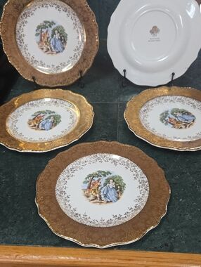 22- Karat Gold Rimmed  Dessert Plates with Courting Couple Scene - Set of 7